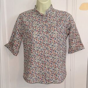 Vintage 60s Shapely Tan Floral Print Collarless Short Sleeve Cotton Shirt